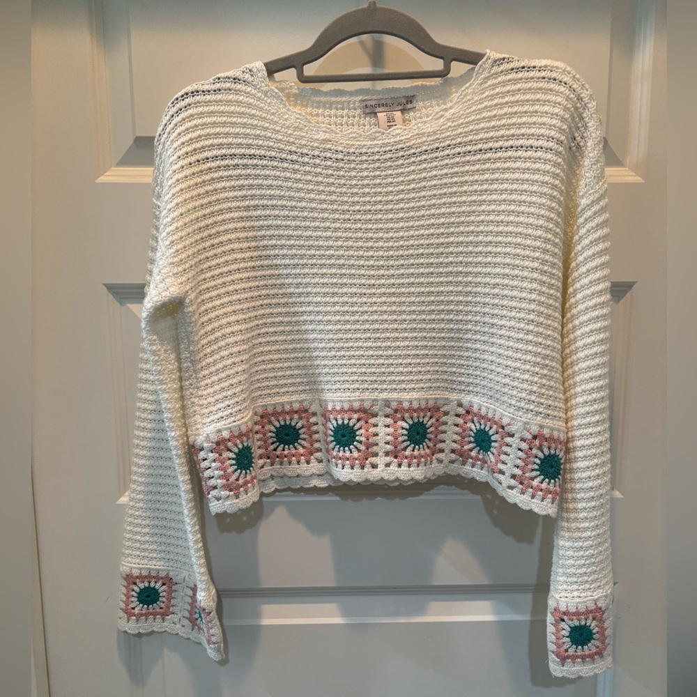 Sincerely Jules White Crochet Cropped Sweater with Granny squares